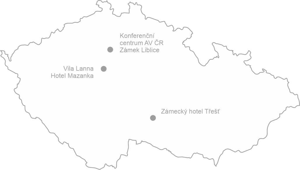 Mapa ČR se zobrazenou polohou konferenčních zařízení SSČ